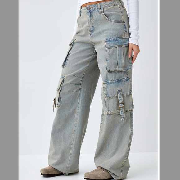 Machine yellow blue high waist wide leg cargo utility jeans NWT - Picture 2 of 11